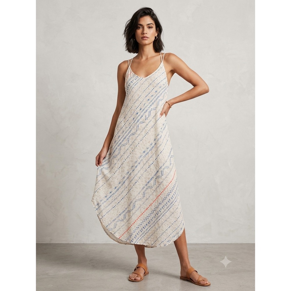 Lush Womens Cream Multi Color Lace Up Back Midi Sundress Boho Chic Coastal Small